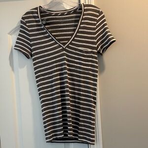 J. Crew Charcoal and White Striped V-Neck Linen Tee